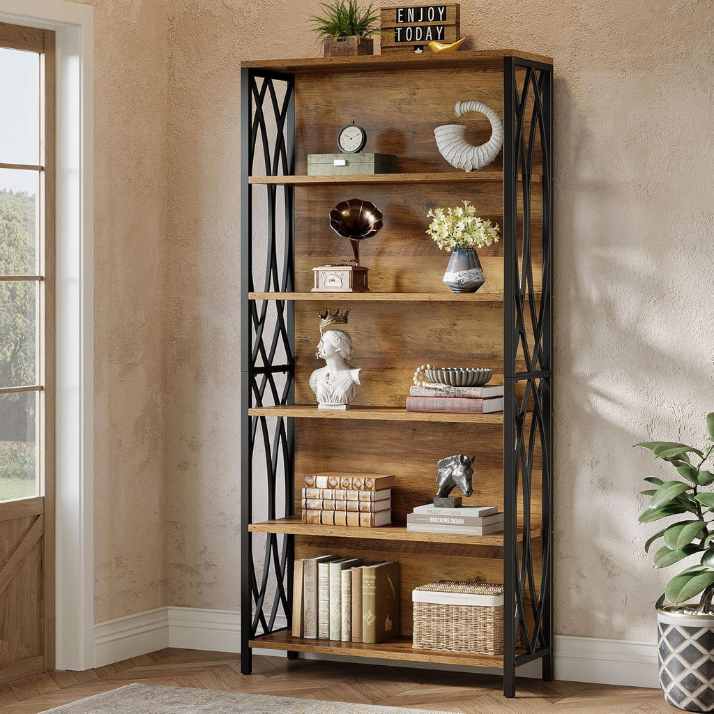 Tribesigns 70.87" Tall Bookshelf, 6-Tier Industrial Bookcase with Geometric Metal Frame & Open Storage Shelves, Rustic Freestanding Display Shelf for Home Office, Living Room, Brown& Black