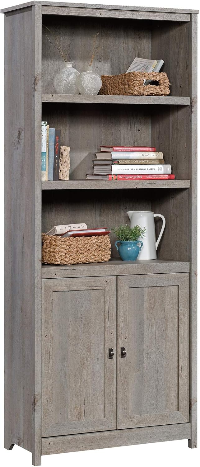 Sauder Cottage Road Book Shelf, Bookshelf with Storage, Library Bookcase with Doors and Adjustable Shelves, in Mystic Oak Finish