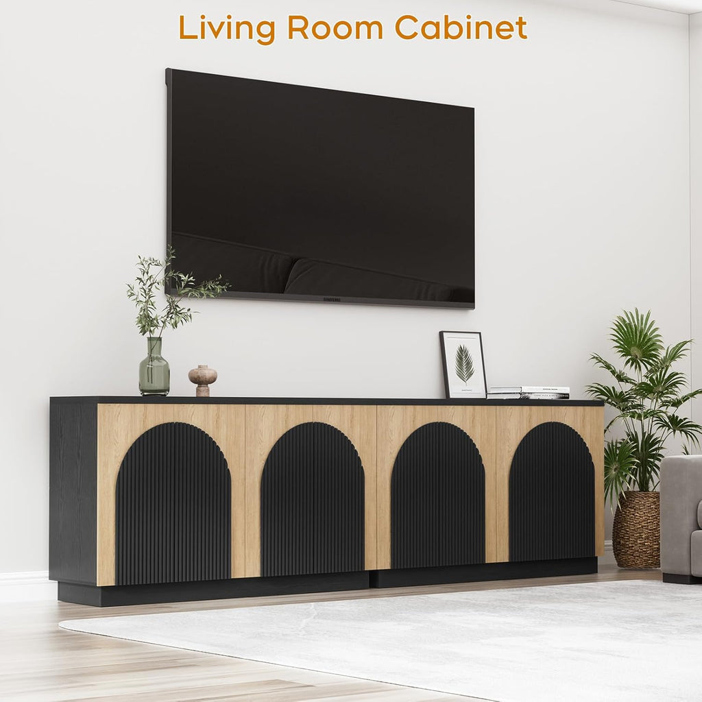 Yechen 55 Inch Fluted Sideboard Buffet Cabinet with Arched Reeded Doors, Modern Mid Century Credenza Accent Storage Cabinet with Adjustable Shelves for Living Room, Dining Room or Kitchen