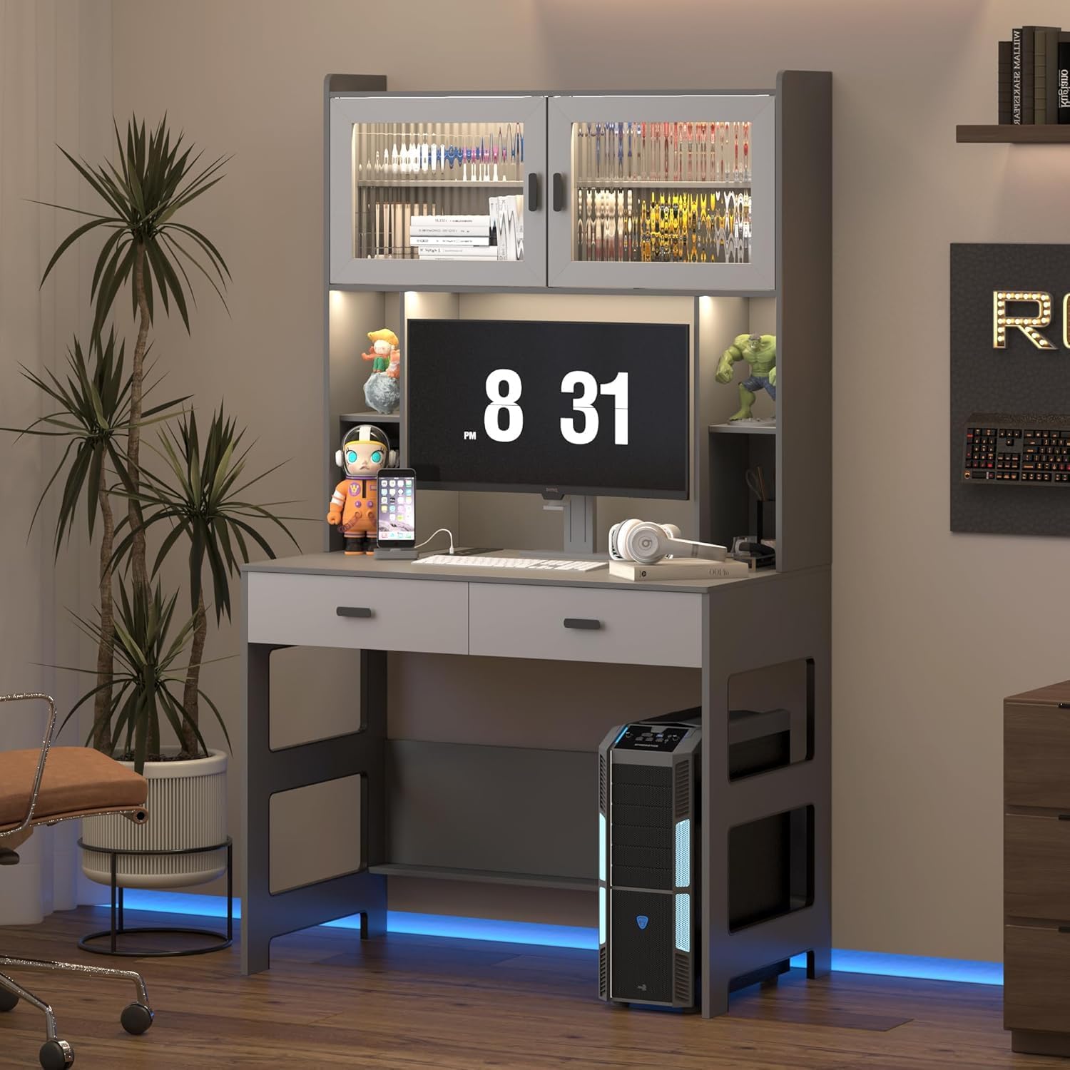 Vlsrka Home Office Desk with Hutch and LED Lights, 40 Inch Modern Study Desk with Power Outlet and Charging Station, Wooden Computer Desk with Storage Drawers & Shelves (Grey)