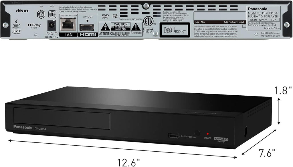 Panasonic 4K Blu Ray Player, Ultra HD Premium Video Playback and Hi-Res Audio - DP-UB154P-K DVD Player (Black)