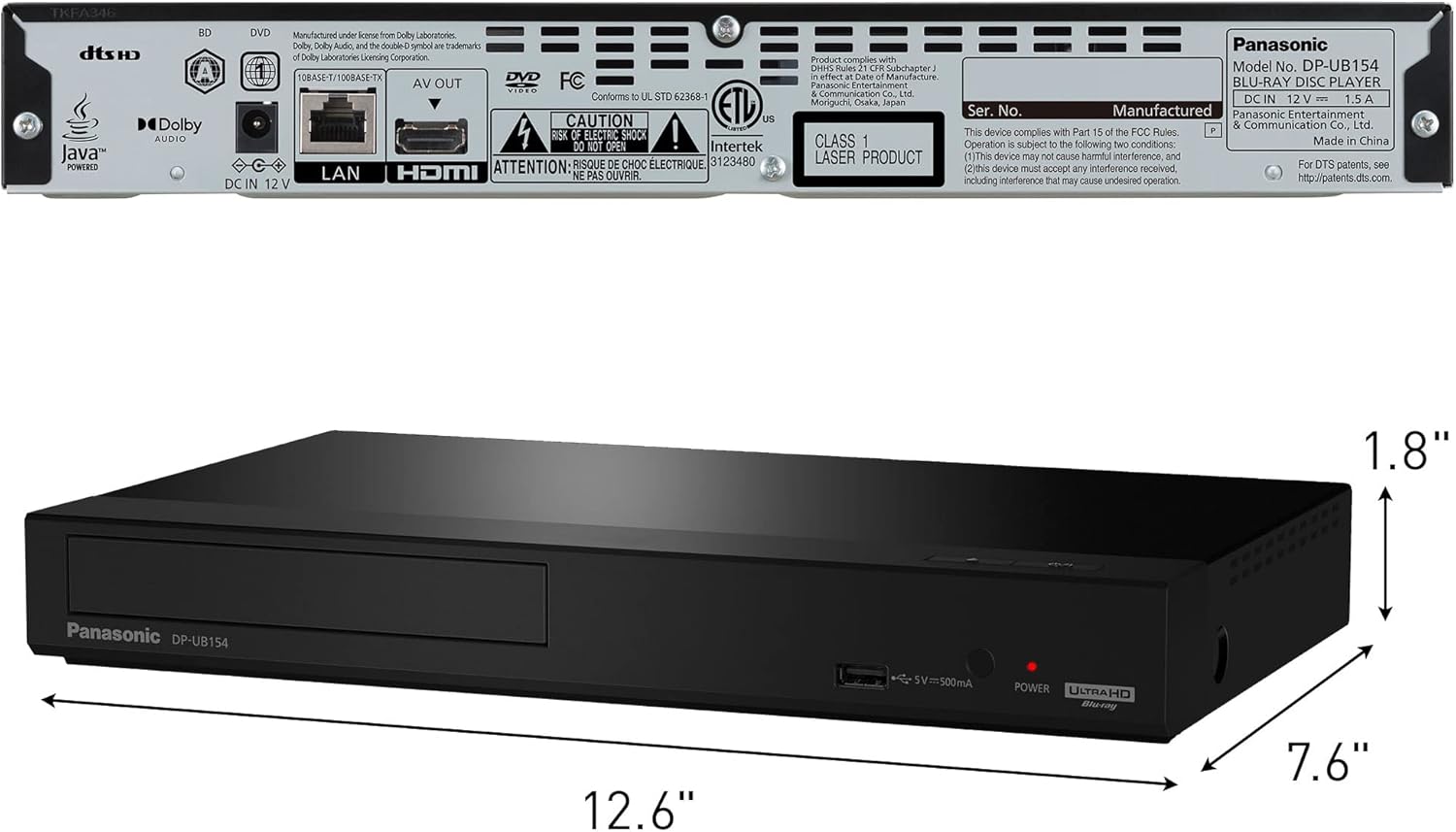 Panasonic 4K Blu Ray Player, Ultra HD Premium Video Playback and Hi-Res Audio - DP-UB154P-K DVD Player (Black)