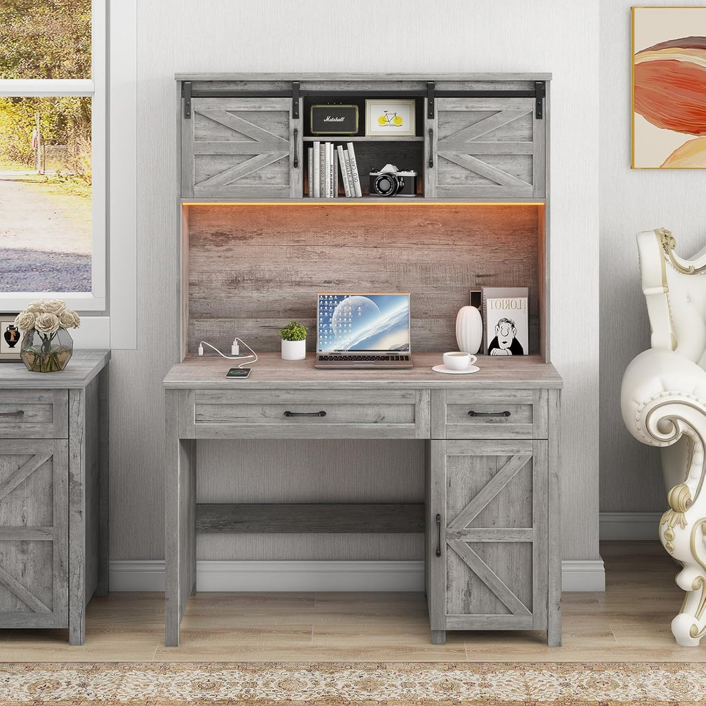 Vabches Farmhouse 47" Executive Desk, Computer Desk with 2 Drawers, LED Light and Storage Cabinet, Home Office Desk with Hutch, Charging Hub, Workstation for Home Office and Study, (Grey).