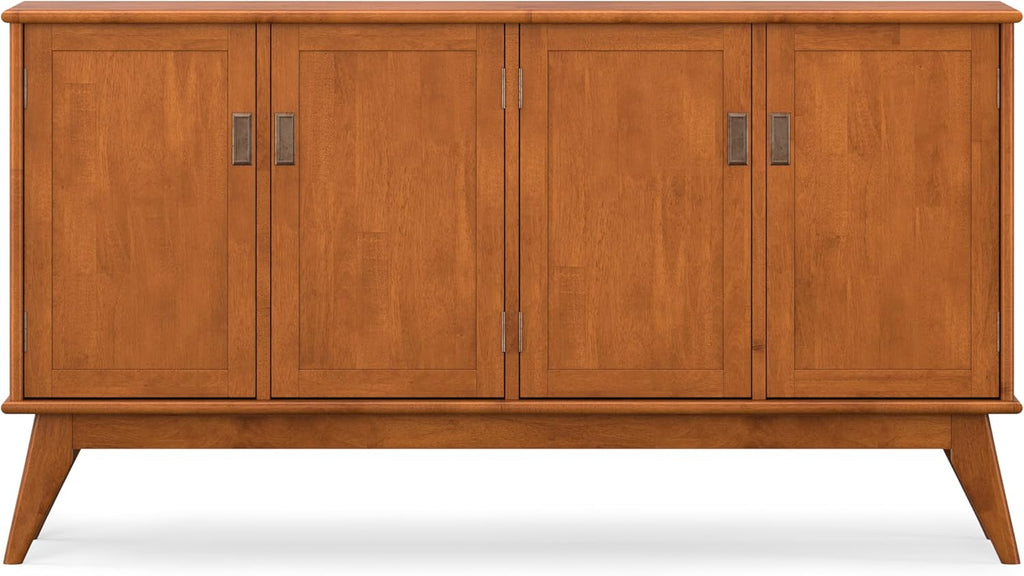 SIMPLIHOME Draper Buffet - 66 inch Wide Solid Hardwood 4-Door Sideboard Buffet in Teak Brown, Mid-Century Modern Cabinet for Dining Room or Kitchen with Adjustable Shelves and Tapered Legs