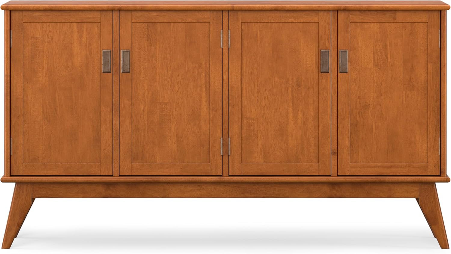 SIMPLIHOME Draper Buffet - 66 inch Wide Solid Hardwood 4-Door Sideboard Buffet in Teak Brown, Mid-Century Modern Cabinet for Dining Room or Kitchen with Adjustable Shelves and Tapered Legs