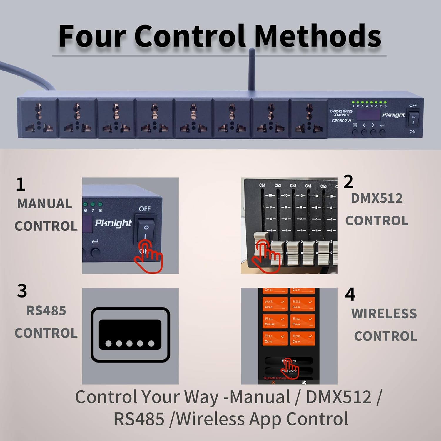 Pknight Pknight 2.4G Wireless WiFi & RS485 8-Outlet Smart PDU DMX Relay – Programmable Power Sequencer with DMX512 Control, Rack-Mount Power Distribution Unit for Home & Studio