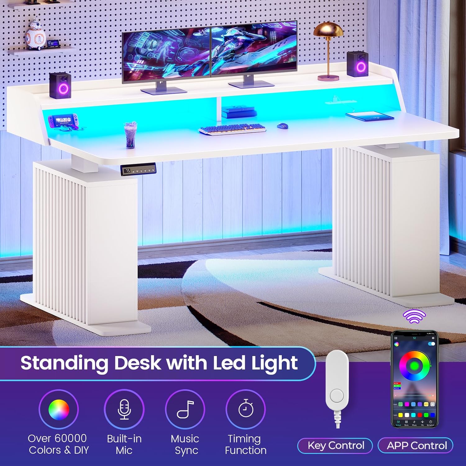 SEDETA Standing Desk with Storage, 55" Fluted Stand Up Desk with Power Outlets & LED Lights, Height Adjustable Table with Monitor Shelf for Home Office, Gaming, White