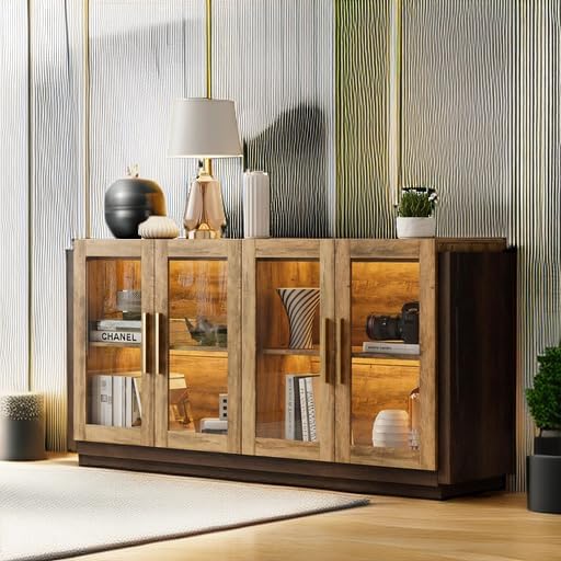 AMERLIFE Sideboard Buffet Cabinet, Mixed Color Accent Cabinet with LED Lights, Modern Glass Doors Storage Cabinets with Adjustable Shelf, Console Table for Dining, Living Room, Barnwood&Brown