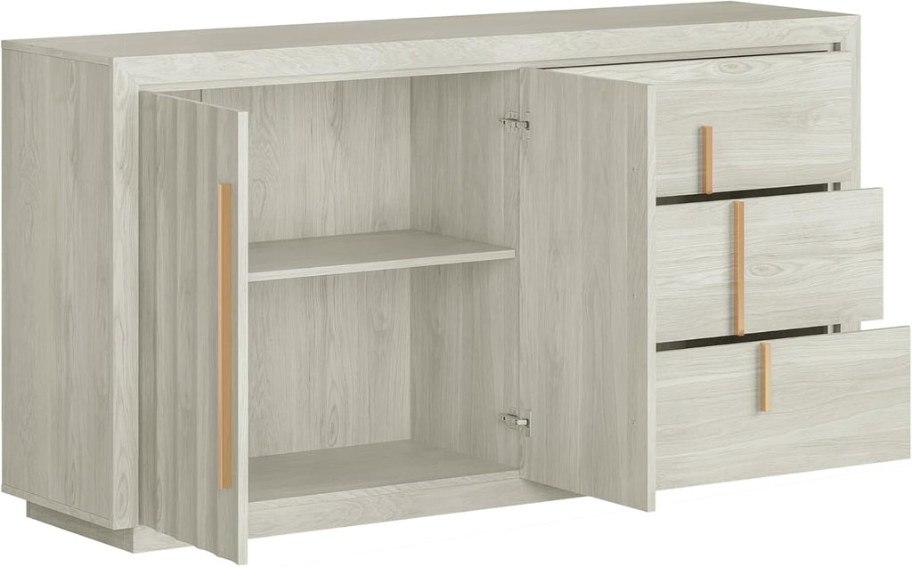 BELLEZE 64” Sideboard Buffet Cabinet, Modern Fluted Door Console Table with 3 Drawers and Adjustable Shelves, Accent Storage Cabinet for Entryway, Living Room & Dining Room - White Sand
