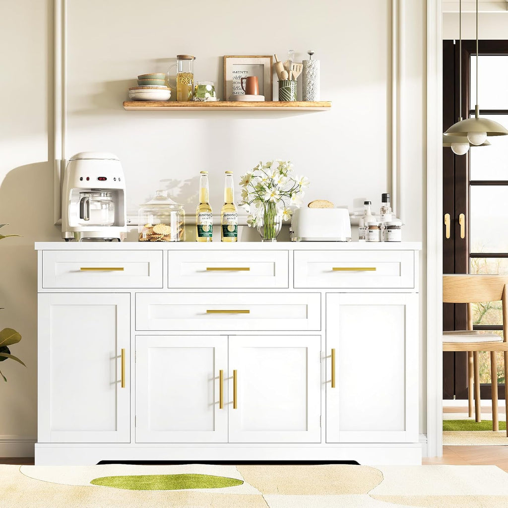 Concho 54" Buffet Cabinet with Storage, Kitchen Sideboards Small Coffee Bar Cabinet with 4 Drawers, Modern Kitchen Storage Cabinet for Living Room, White