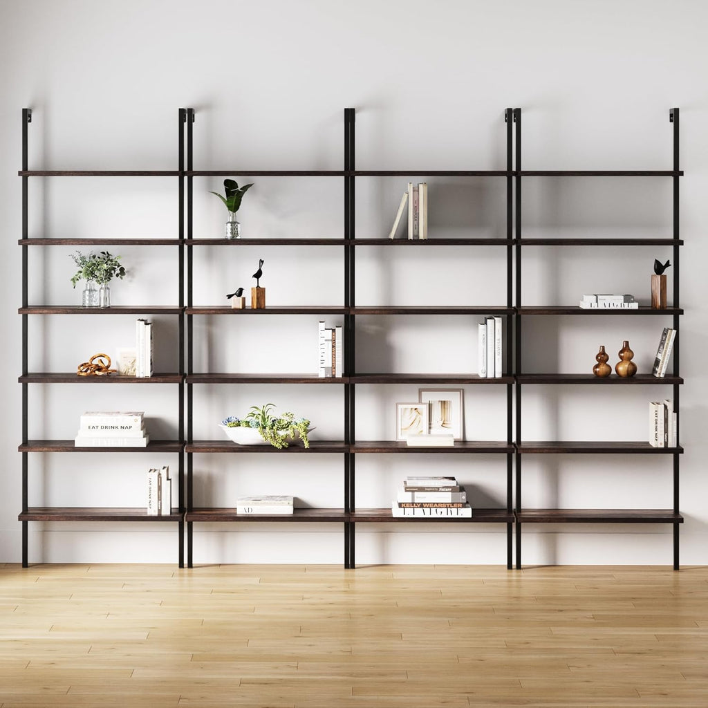 Nathan James Theo 6-Shelf Tall Bookcase, Wall Mount Bookshelf with Natural Wood Finish and Industrial Metal Frame, Nutmeg/Matte Black, Set of 4