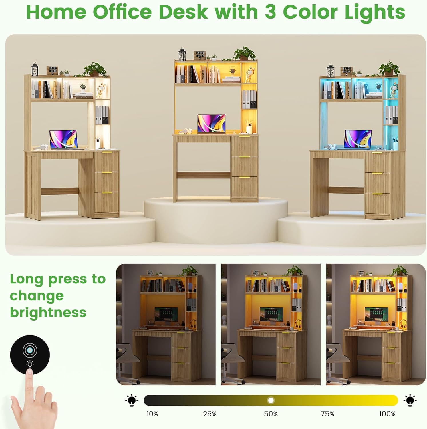 HNEBC Home Office Desk with Hutch and Drawers - 39" Standing Computer Desk with Charging Station&3 Color Lights,Hidden Compartment & Fluted Panel Design, LED Writing Desk for Bedroom, Study (Natural)