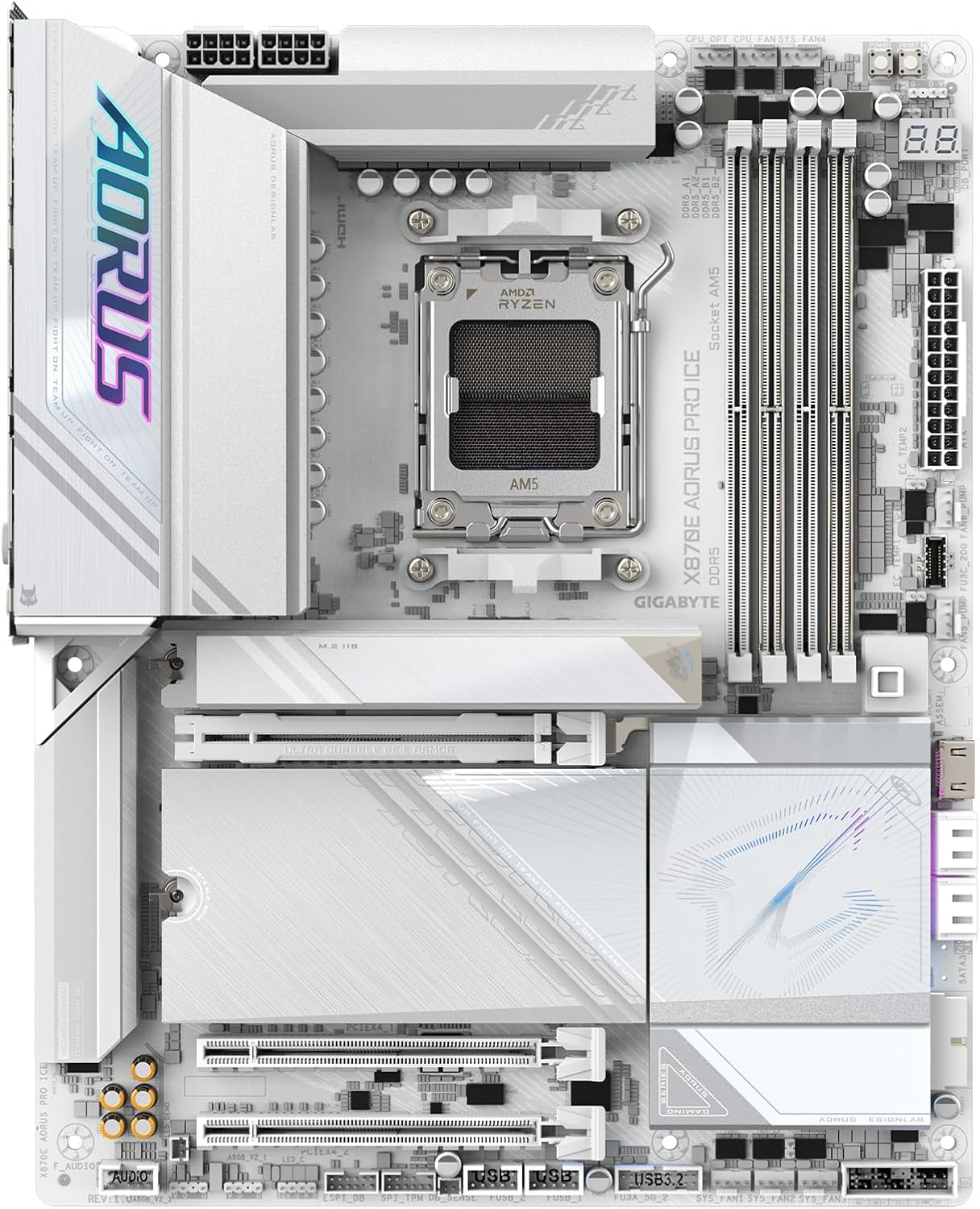 GIGABYTE X870E AORUS PRO ICE AMD AM5 LGA 1718 Motherboard, ATX, DDR5, 4X M.2, PCIe 5.0, USB4, WIFI7, 2.5GbE LAN, EZ-Latch, 5-Year Warranty