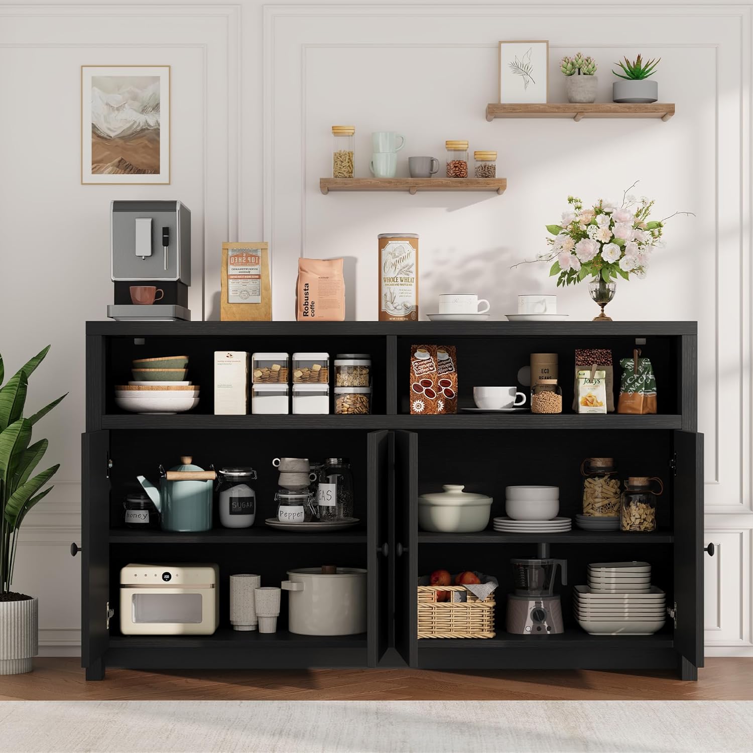 IDEALHOUSE Buffet Sideboard Cabinet with Storage, 55" Large Farmhouse Kitchen Storage Cabinet with 4 Doors & Adjustable Shelves, Wood Coffee Bar Cabinet for Kitchen, Dining Room, Living Room