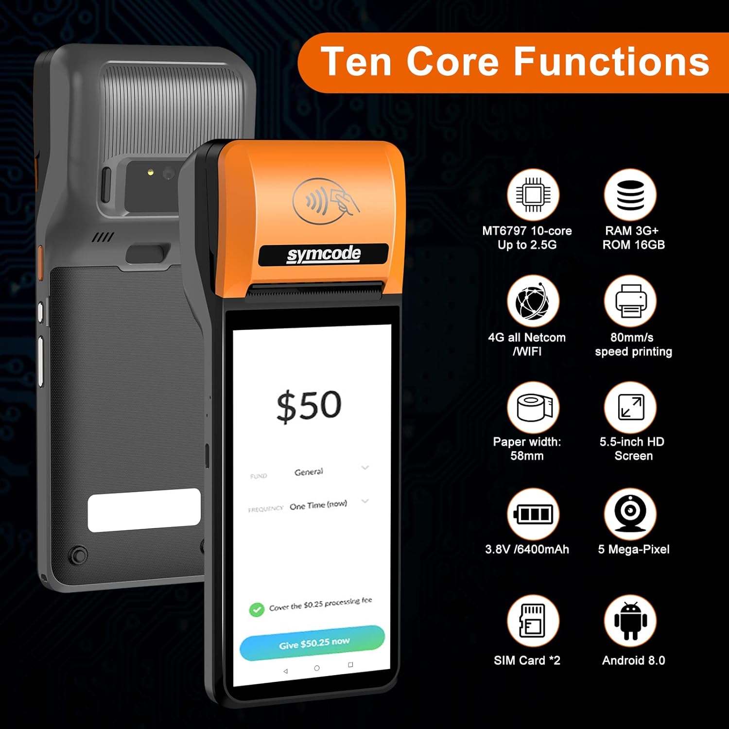 symcode Thermal POS Receipt Printer with Android 8.1 OS 5.5" Touch Screen Terminal Handheld PDA Printer, Support Wi-Fi Bluetooth, Support Loyverse, Kyte, iReap, Built-in Google Play
