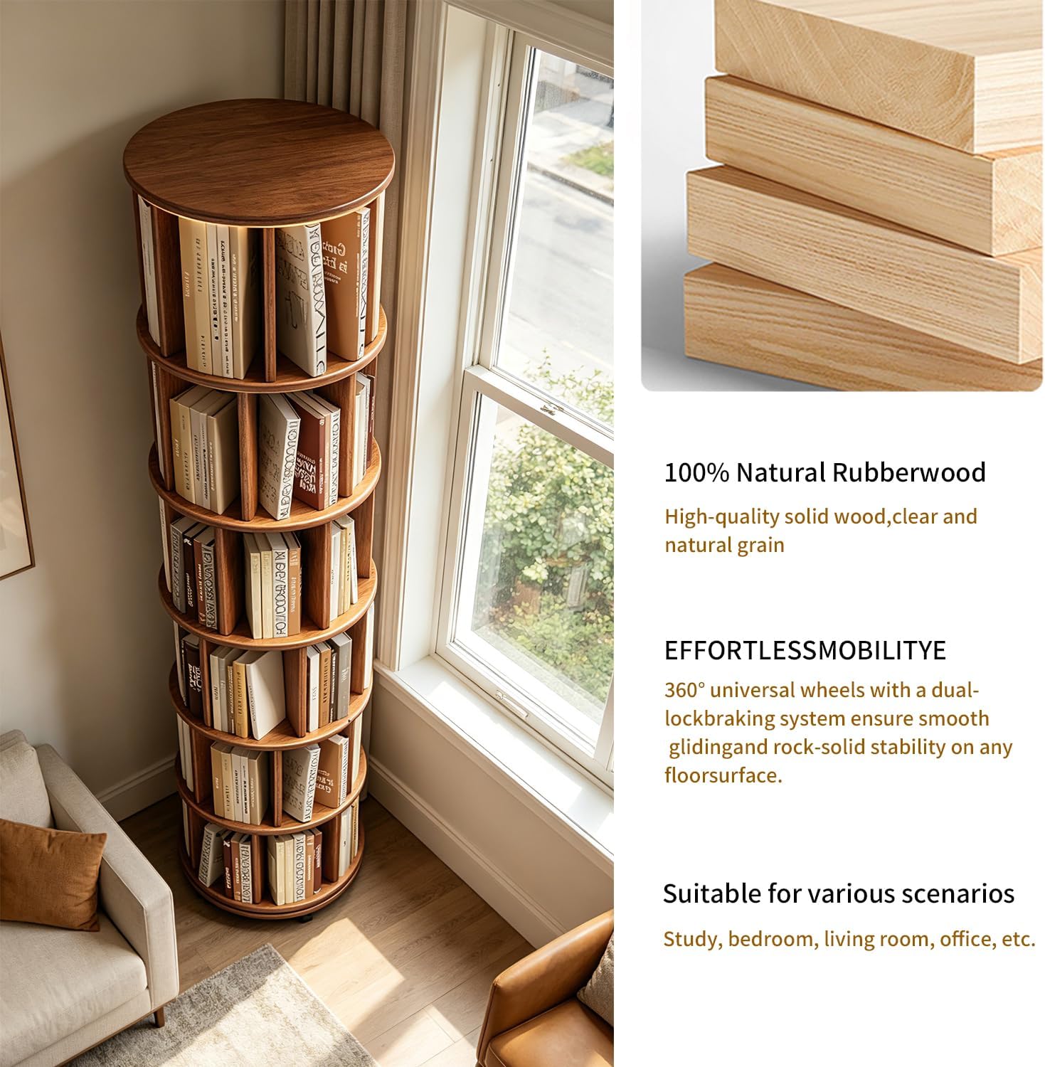 6-Tier Rubberwood Rotating Bookshelf, 360° Spinning Bookcase with Lockable Wheels, Space-Saving Freestanding Corner Storage Rack, Walnut Finish, 17.3"D×17.3"W×78.5"H for Living Room Office Bedroom