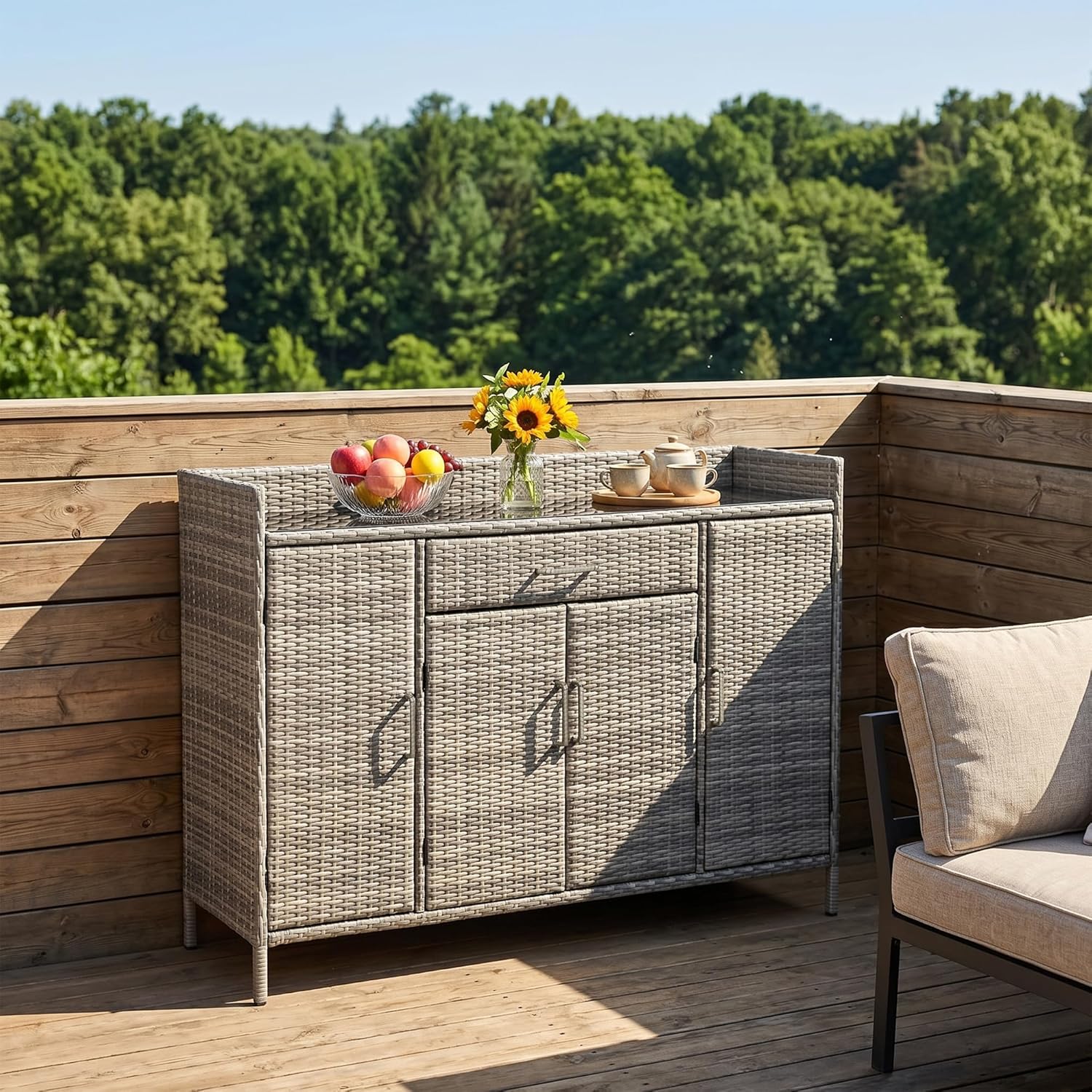 Merax 53.2" Patio Wicker Storage Cabinet, Outdoor Waterproof Patio Bar Table with Drawer and Shelves, Wicker Buffet Cabinet Sideboard for Poolside and Backyard, Black+Brown