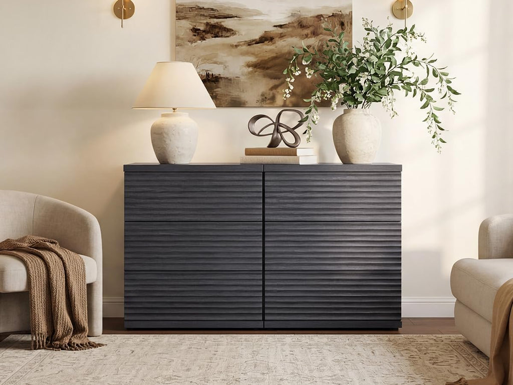 SICOTAS Sideboard Buffet Storage Cabinet, Fluted Credenza Liquor Cabinet with 3 Drawers, Mid Century Modern Coffee Bar Cabinet Console Table for Kitchen Hallway (3 Pieces)