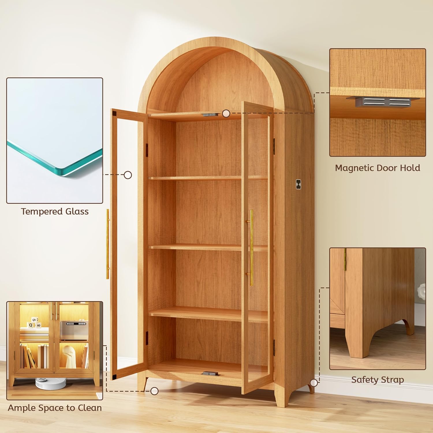 71" Arched Kitchen Pantry Storage Cabinet with Glass Doors, 5-Tier Display Cabinets for Collectibles, Arched Tall Bookcase with LED Light & Human Sensor, Curio Cabinet with Adjustable Shelf