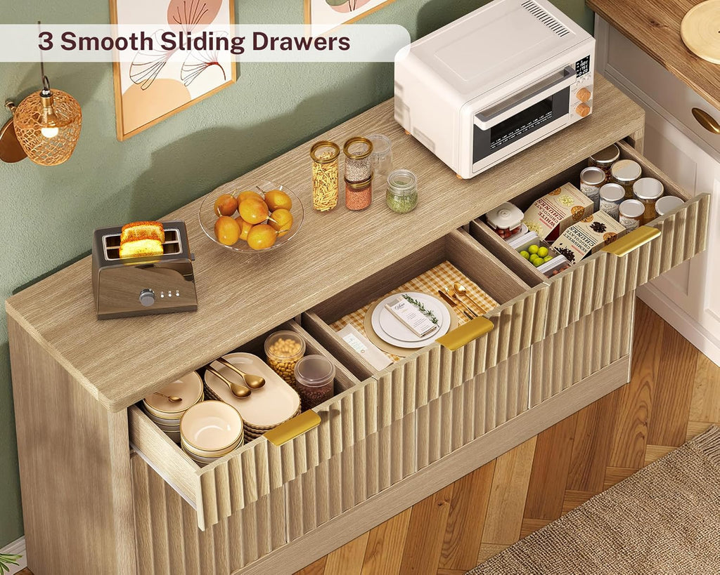 usikey Large Buffet Cabinet with Storage & Drawers, Sideboard Cabinet with 2 Adjustable Shelves & 4 Doors, Coffee Bar Station, Kitchen Storage Cabinets, Natural