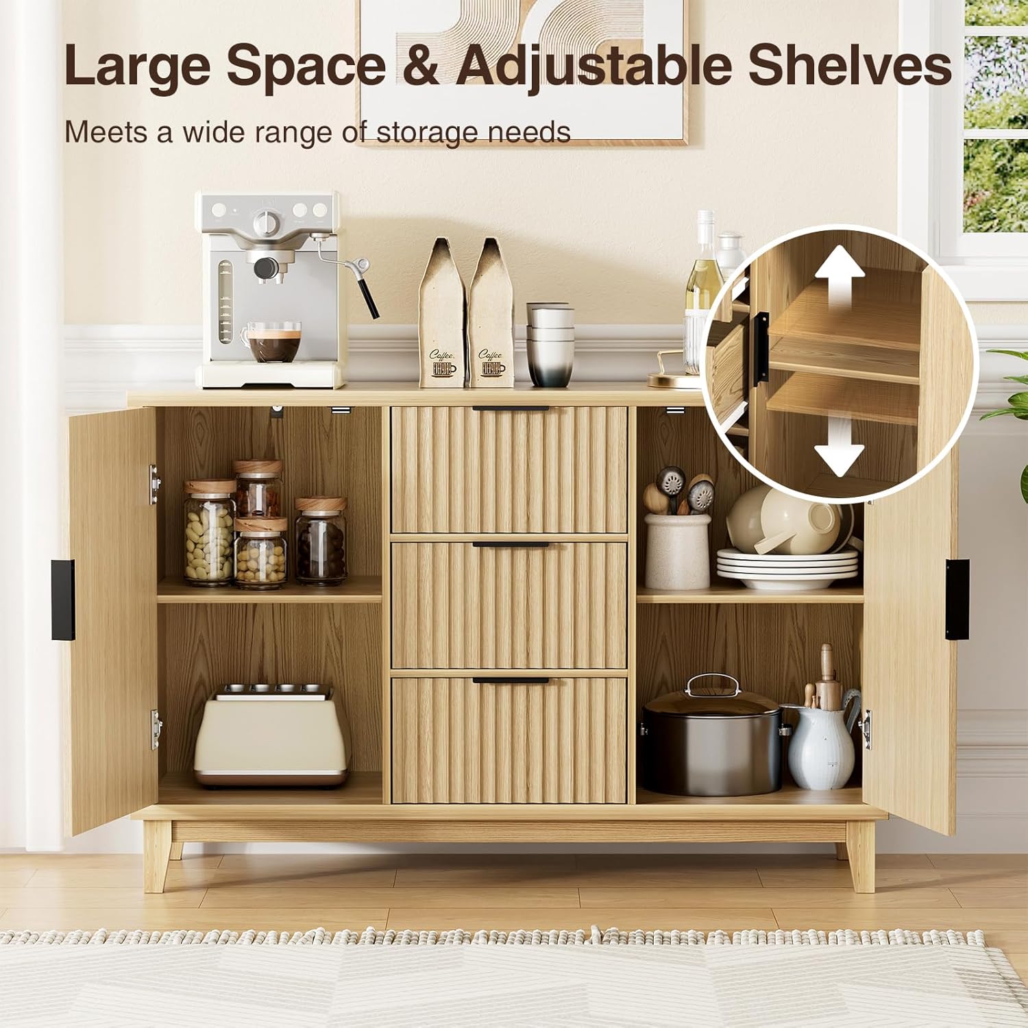 47.2" W Storage Cabinet with 3 Drawers, Fluted Buffet Cabinet with Storage, Large Sideboard Cabinet with 2 Doors, Modern Mid Century TV Stand Coffee Bar Cabinet for Living Room, Kitchen, Entryway