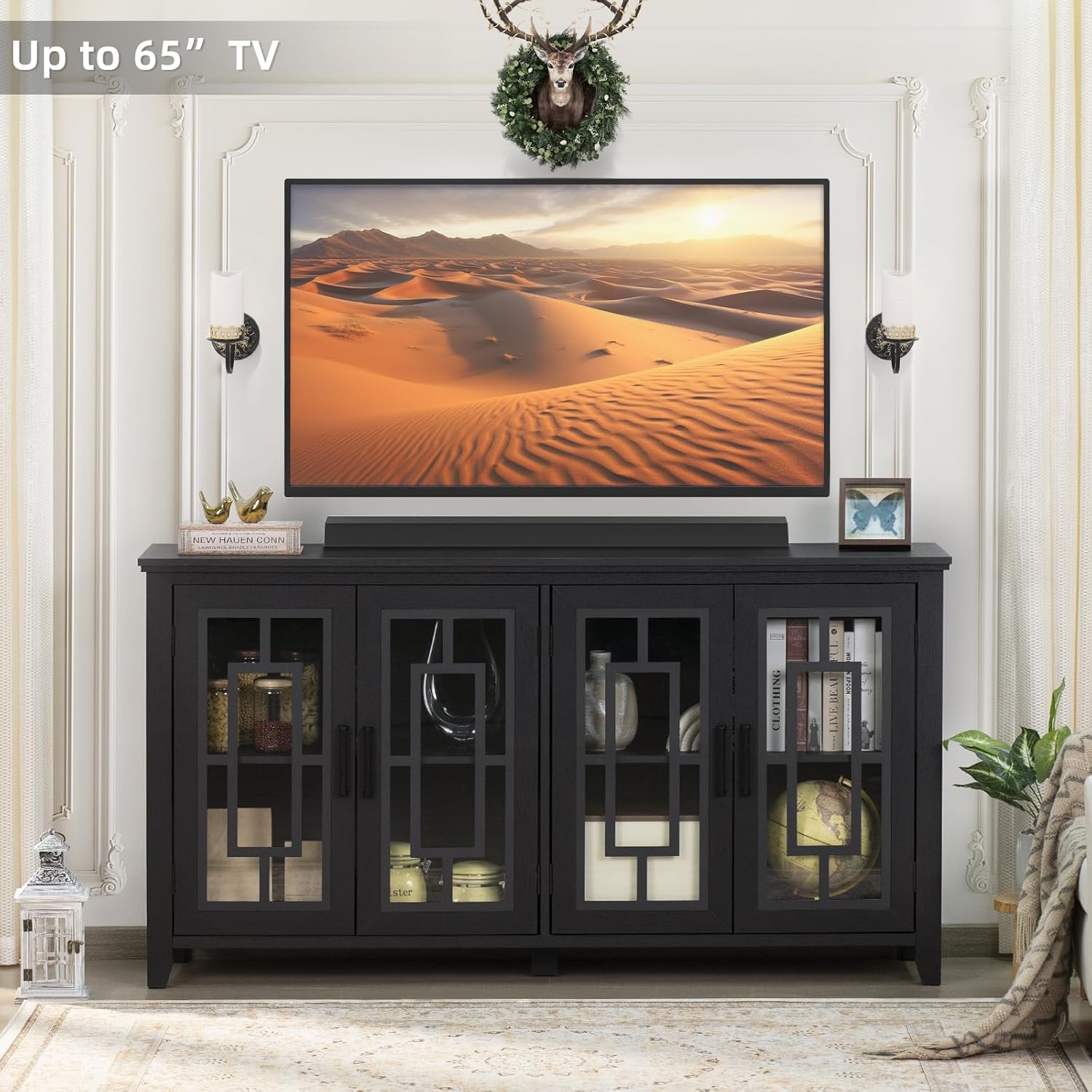 Joaxswe Large Sideboard Buffet Cabinet with Storage, 63" Black Farmhouse Kitchen Coffee Wine Bar Cabinet with 4 Glass Doors, Mid Century Modern Wooden Side Board Table for Dining Room, Living Room
