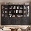 Cyclysio 80" Tall Bookcase with Doors and Drawers, Set of 4 Bookshelves and Bookcases, Arched Glass Display Cabinet and Open Storage Organizer, Farmhouse Library Furniture for Living, Office, Black