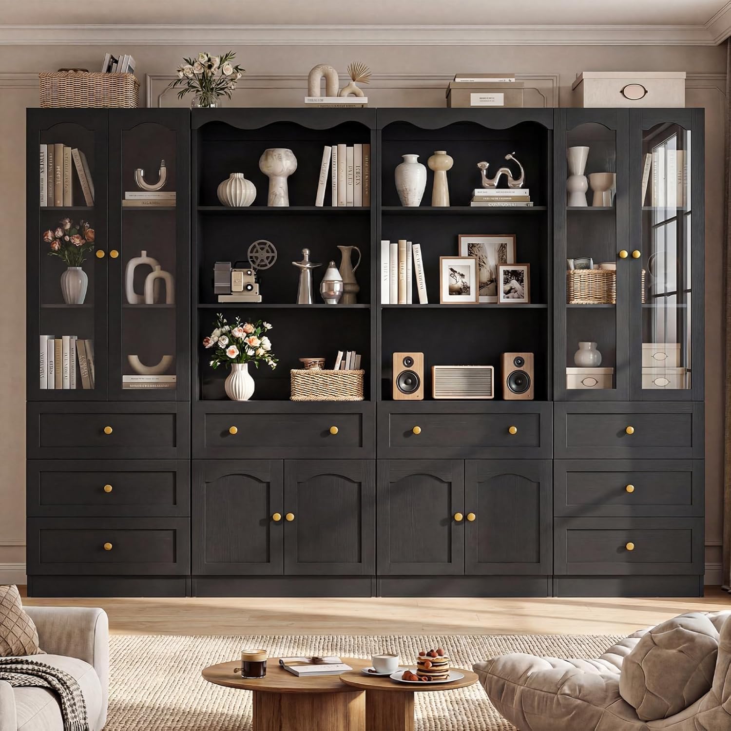 Cyclysio 80" Tall Bookcase with Doors and Drawers, Set of 4 Bookshelves and Bookcases, Arched Glass Display Cabinet and Open Storage Organizer, Farmhouse Library Furniture for Living, Office, Black
