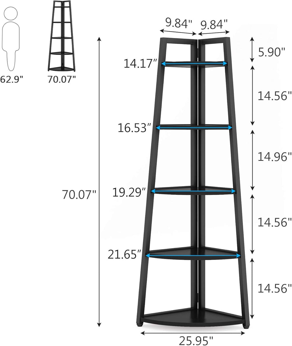 Tribesigns 5 Tier Corner Bookshelf and Bookcase, 70 inch Tall Corner Shelves Standing Shelving Unit Indoor Plant Stand for Living Room, Kitchen, Home Office (Black)