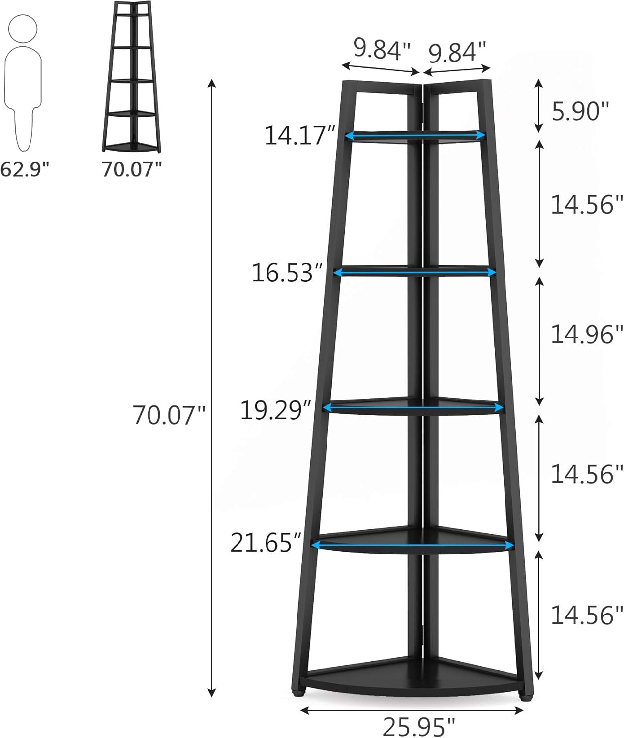Tribesigns 5 Tier Corner Bookshelf and Bookcase, 70 inch Tall Corner Shelves Standing Shelving Unit Indoor Plant Stand for Living Room, Kitchen, Home Office (Black)