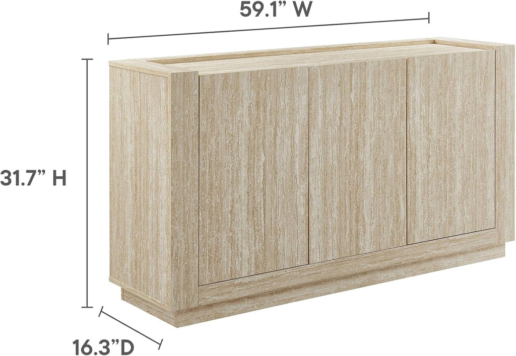 Modway Hollis Sideboard with Faux Travertine Finish - Large 59 Inch 3 Door Storage Buffet Cabinet with Adjustable Shelves for Living Room, Dining Room, Entryway, Hallway, Kitchen in Travertine