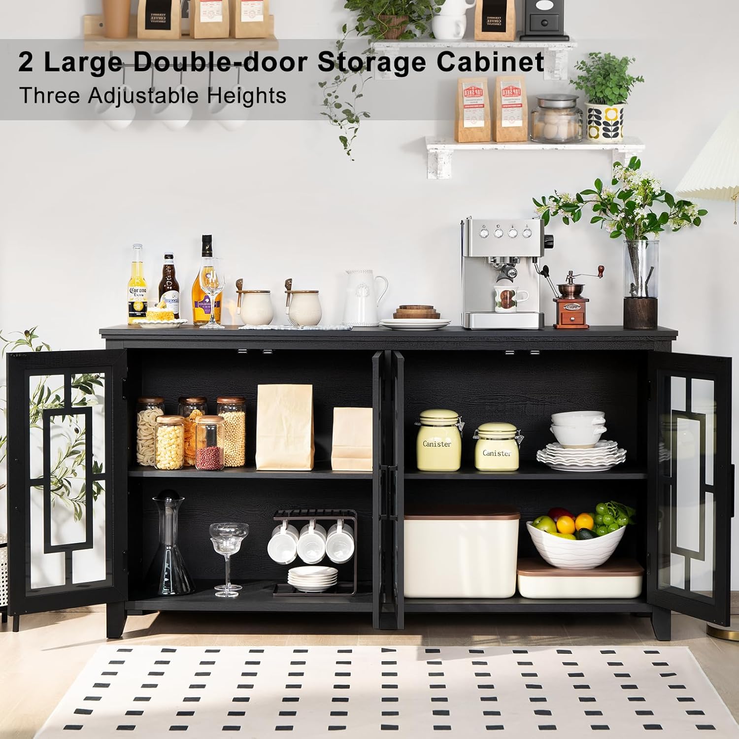 Joaxswe Large Sideboard Buffet Cabinet with Storage, 63" Black Farmhouse Kitchen Coffee Wine Bar Cabinet with 4 Glass Doors, Mid Century Modern Wooden Side Board Table for Dining Room, Living Room