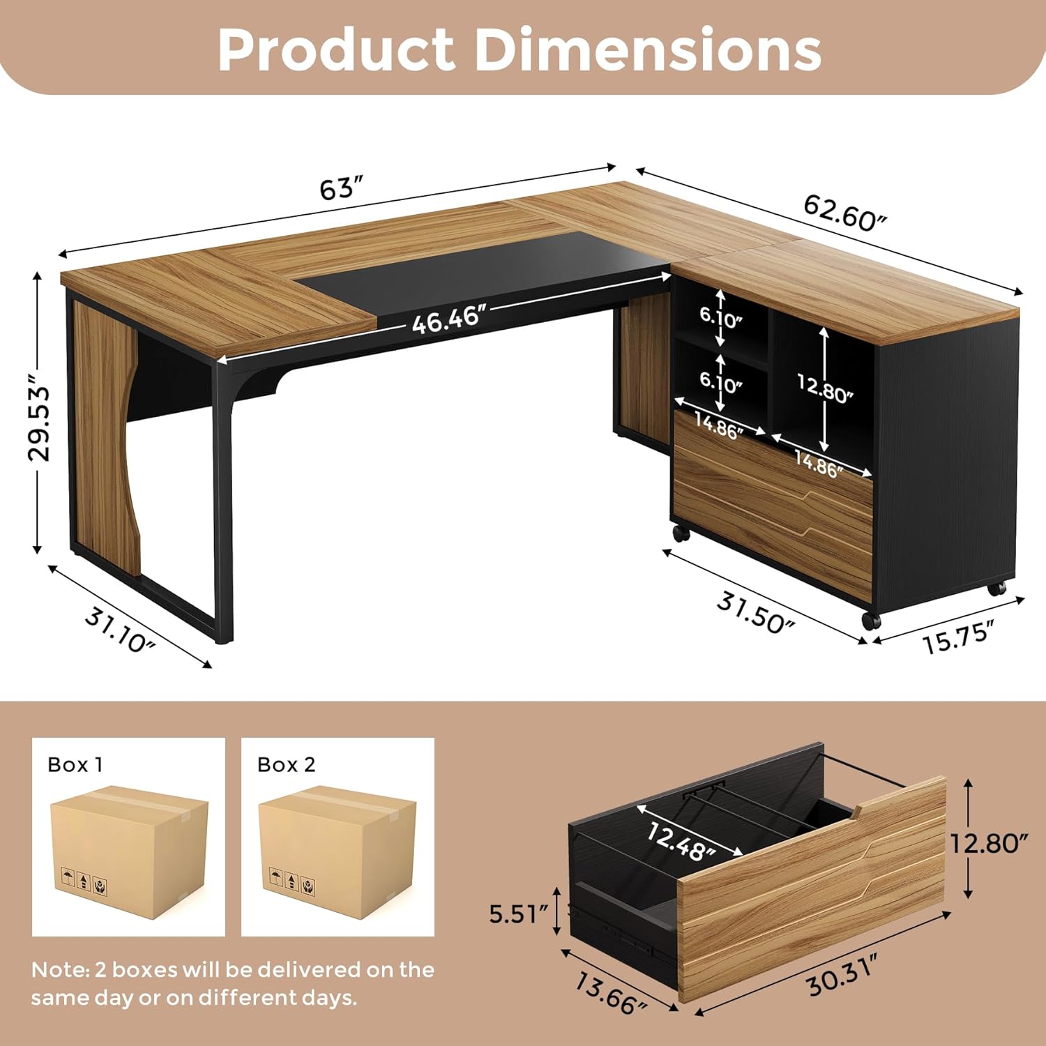 L Shaped Executive Computer Desk with Mobile File Cabinet and LED Light, 63 inch Large Office Table Business Furniture with Storage and Drawers for Home Office, Dark Walnut