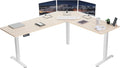 VIVO Corner Standing Desk, 75 x 63 inch Reversible L-Shaped Workstation, Electric Height Adjustment, Home, Office, and Reception Rooms, Light Wood Table Top White Frame, DESK-E3CTC-75