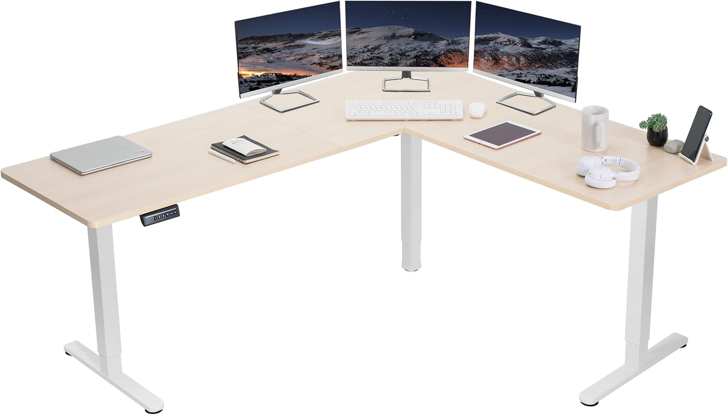 VIVO Corner Standing Desk, 75 x 63 inch Reversible L-Shaped Workstation, Electric Height Adjustment, Home, Office, and Reception Rooms, Light Wood Table Top White Frame, DESK-E3CTC-75
