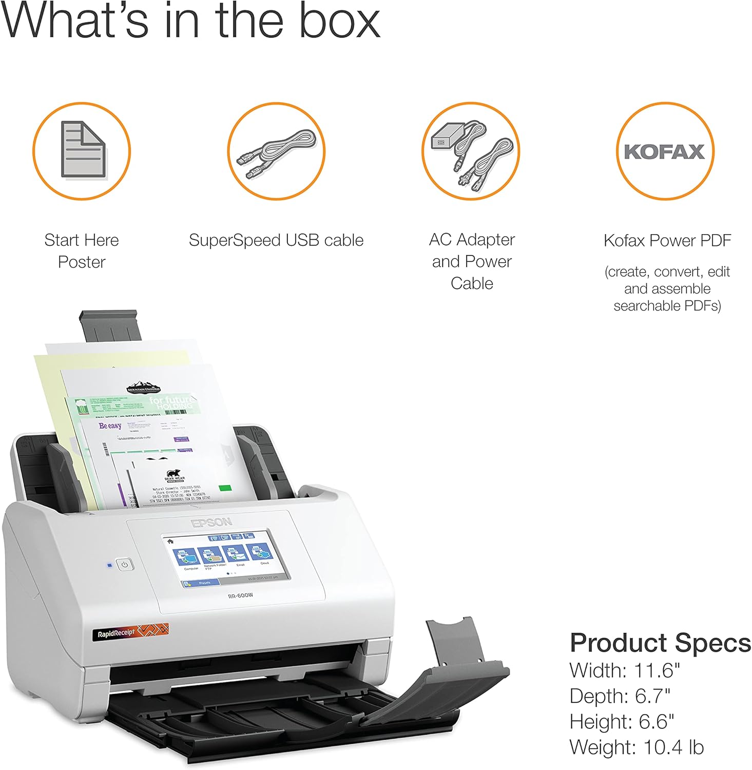 Epson RapidReceipt RR-600W Wireless Desktop Color Duplex Receipt and Document Scanner with Receipt Management Software, Touchscreen and Auto Document Feeder. Full 1-Year Limited Warranty (Renewed)