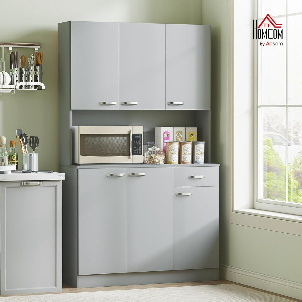 HOMCOM 71" Kitchen Pantry Cabinet, Tall Storage Cabinet with Microwave Stand, Buffet with Hutch, 6 Doors, Storage Drawer, 3 Adjustable Shelves for Living Room, Dining Room, Gray