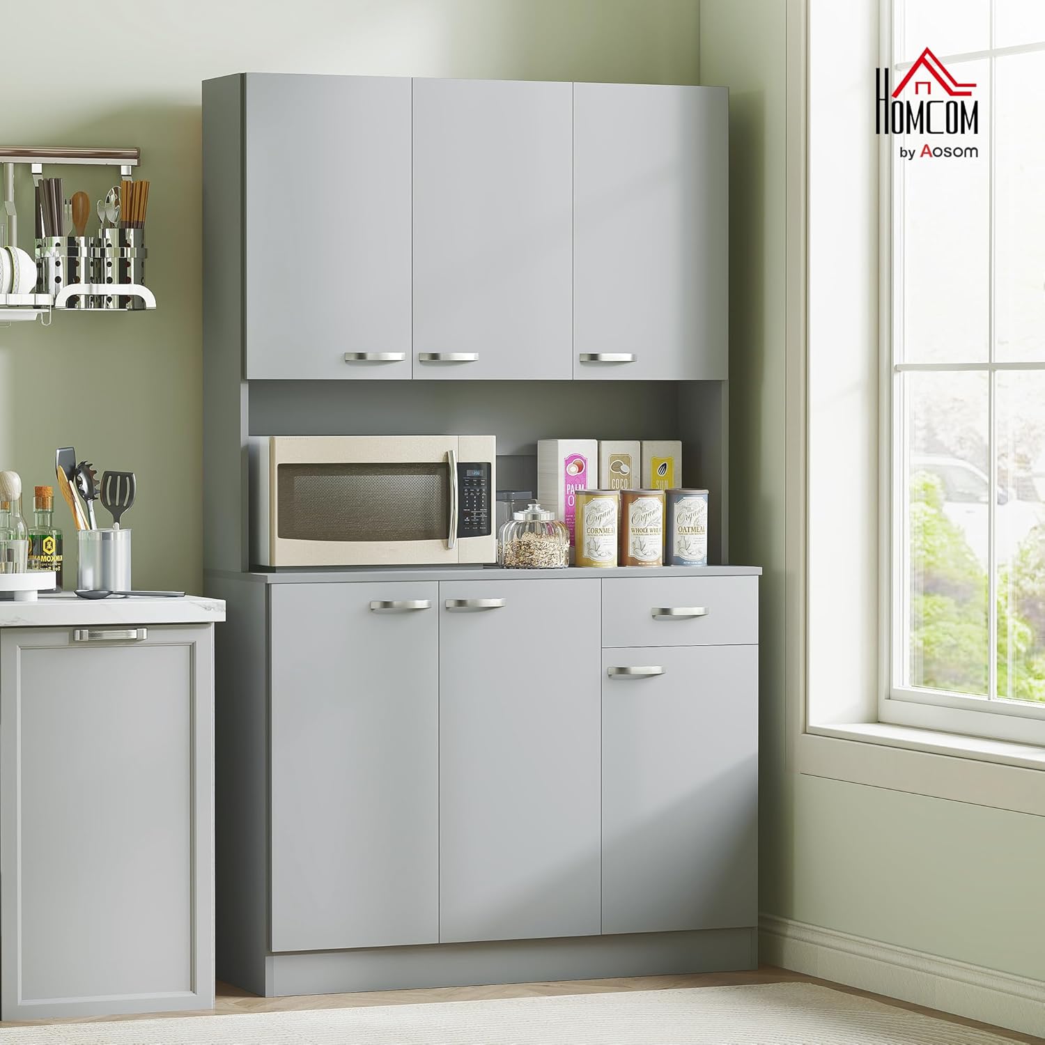 HOMCOM 71" Kitchen Pantry Cabinet, Tall Storage Cabinet with Microwave Stand, Buffet with Hutch, 6 Doors, Storage Drawer, 3 Adjustable Shelves for Living Room, Dining Room, Gray