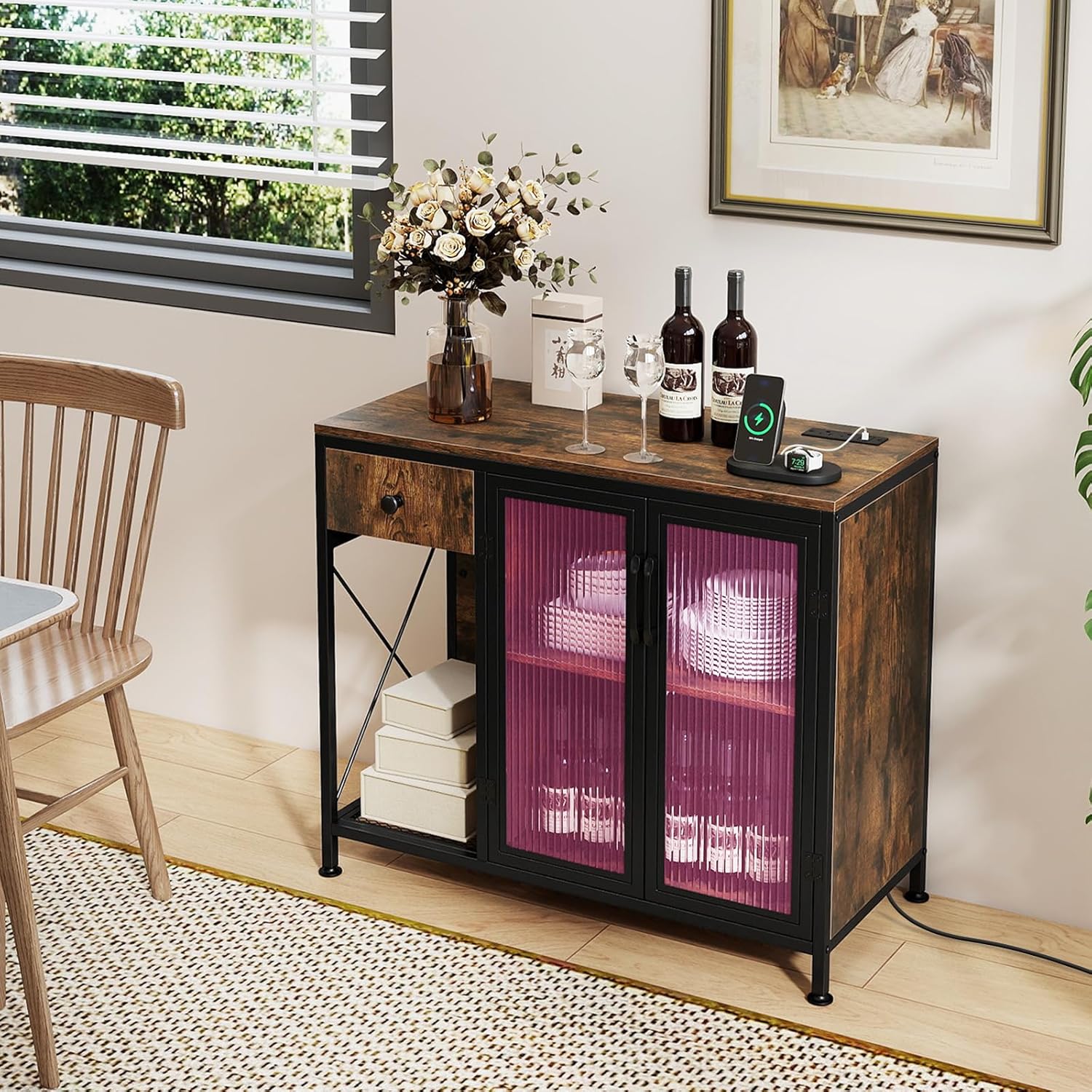 Giantex Buffet Sideboard with Power Outlets and LED Light, Industrial Kitchen Storage Cabinet with Drawer and Doors, Coffee Bar Table for Dining Room, Rustic Brown