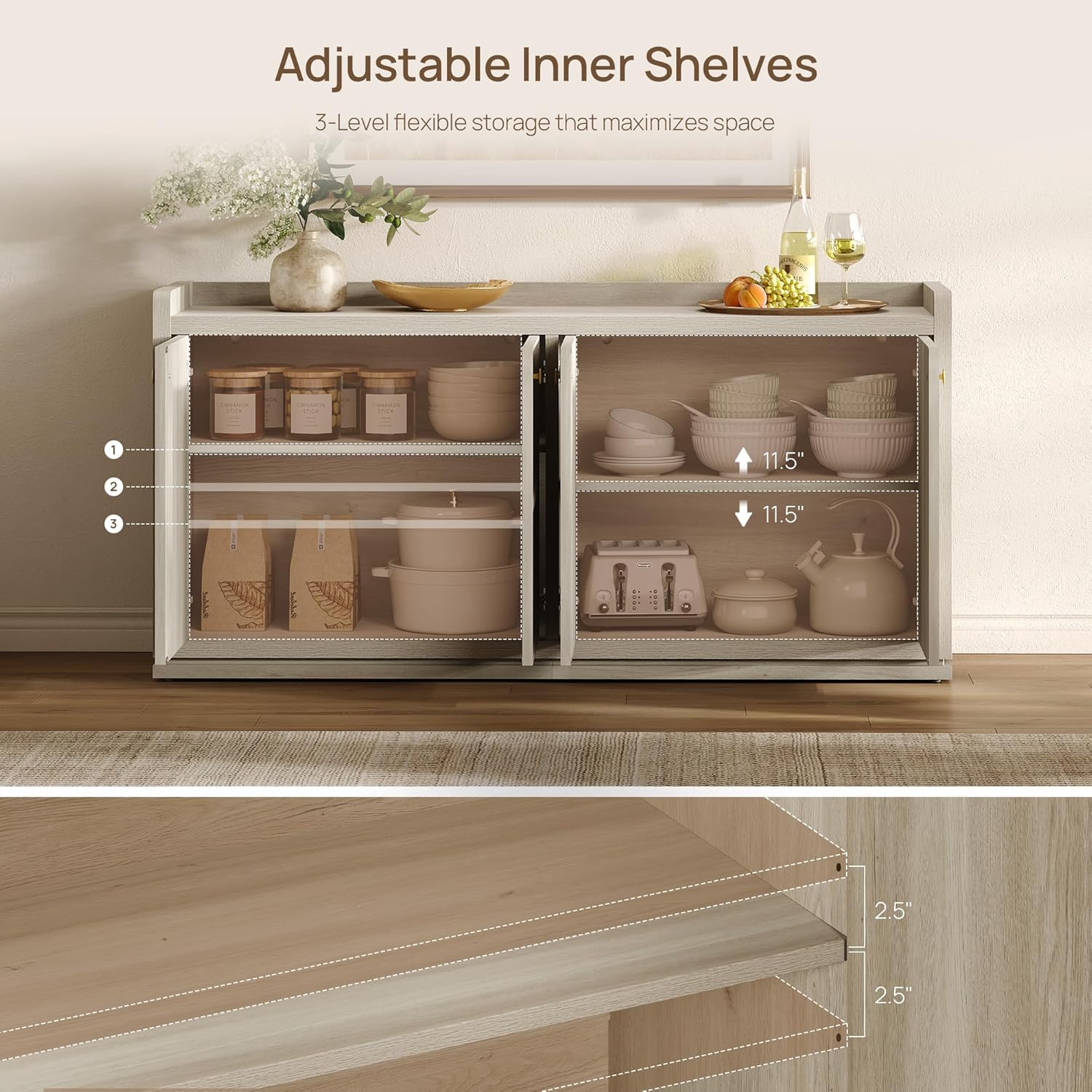 SICOTAS 61.7" Wide 4-Door Buffet Cabinet, Extra Long Sideboard with 2 Separate Bays & Adjustable Shelves, Modern Credenza Storage Cabinet with Gold Handle for Kitchen Living Room, Grey White Oak,1 PCS