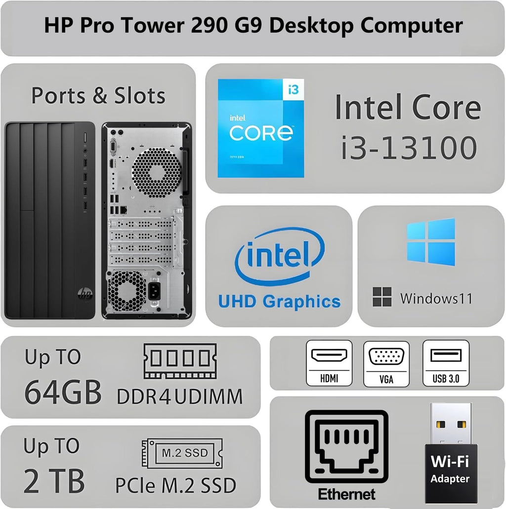 HP Desktop Computer 2026 Tower for Home Student & Business, 13th Gen Intel Quad-Core Processor, 16GB DDR4 RAM, 256GB PCIe SSD, WiFi Adapter, VGA, RJ-45, HDMI, Keyboard and Mouse, Windows 11 Home