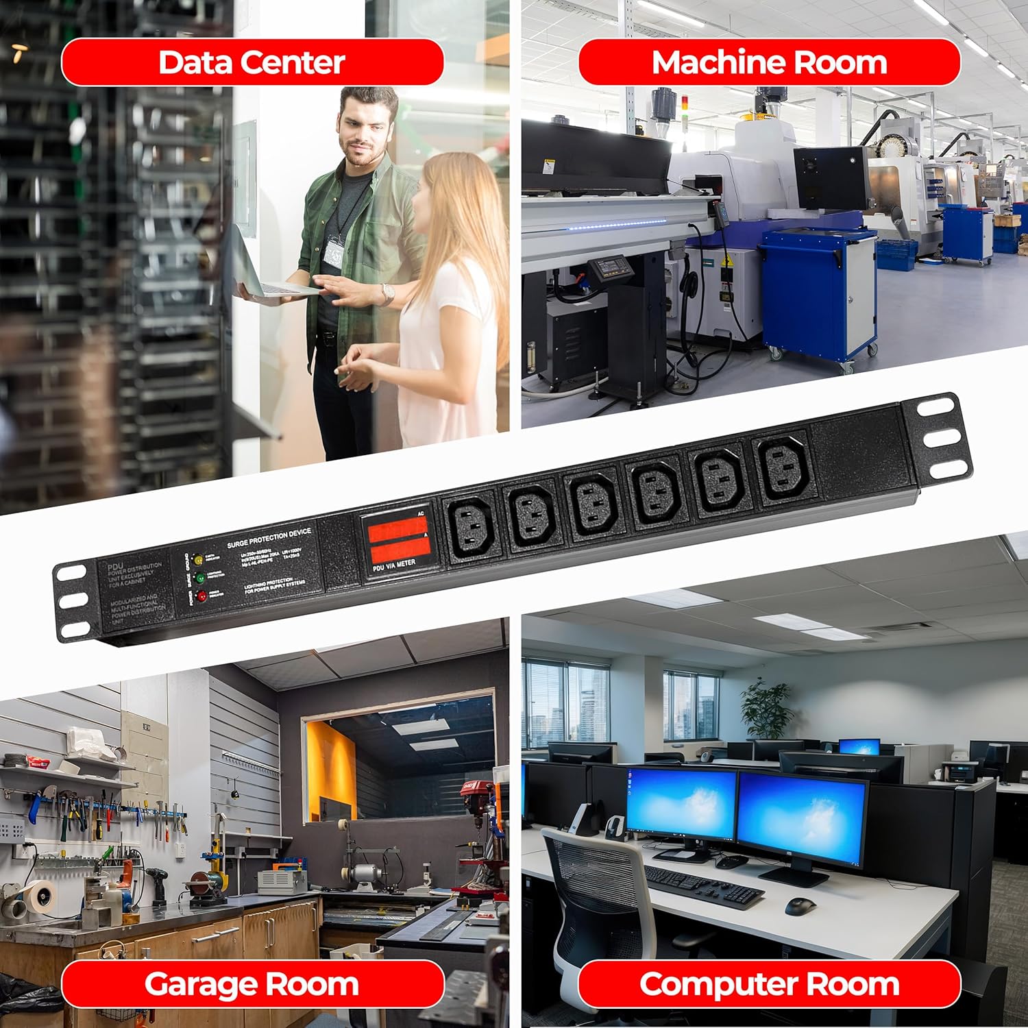 Rack Mount Power Strip - 240V 30A Single Phase PDU with Built-in Surge Protector, Volt & Amp Meter for Data Center - 19” Metal Housing, Ears & Fittings Included, 6' Cable, 6 Outlets