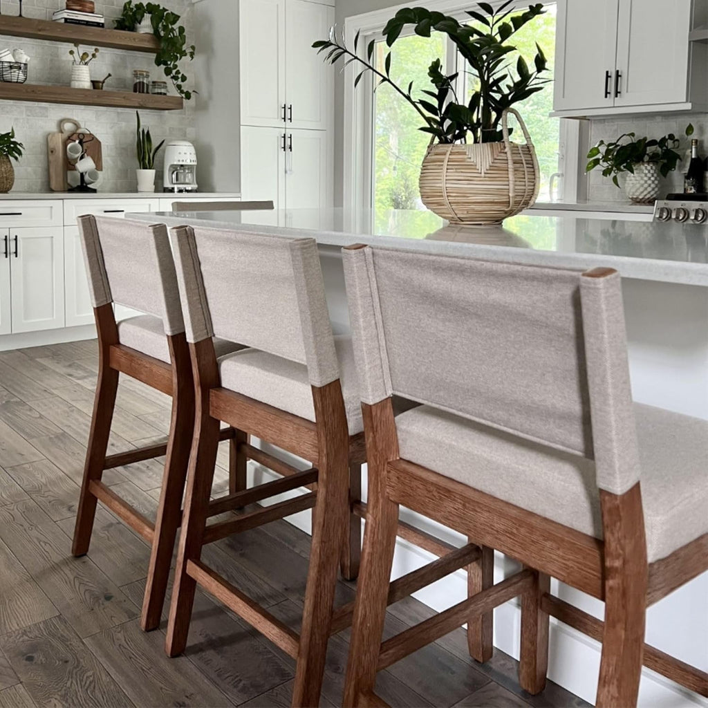 Nathan James Linus Modern Upholstered Counter Height Bar Stool with Back and Solid Rubberwood Legs in a Wire-Brushed Light Brown Finish, Natural Flax/Brown, Set of 2