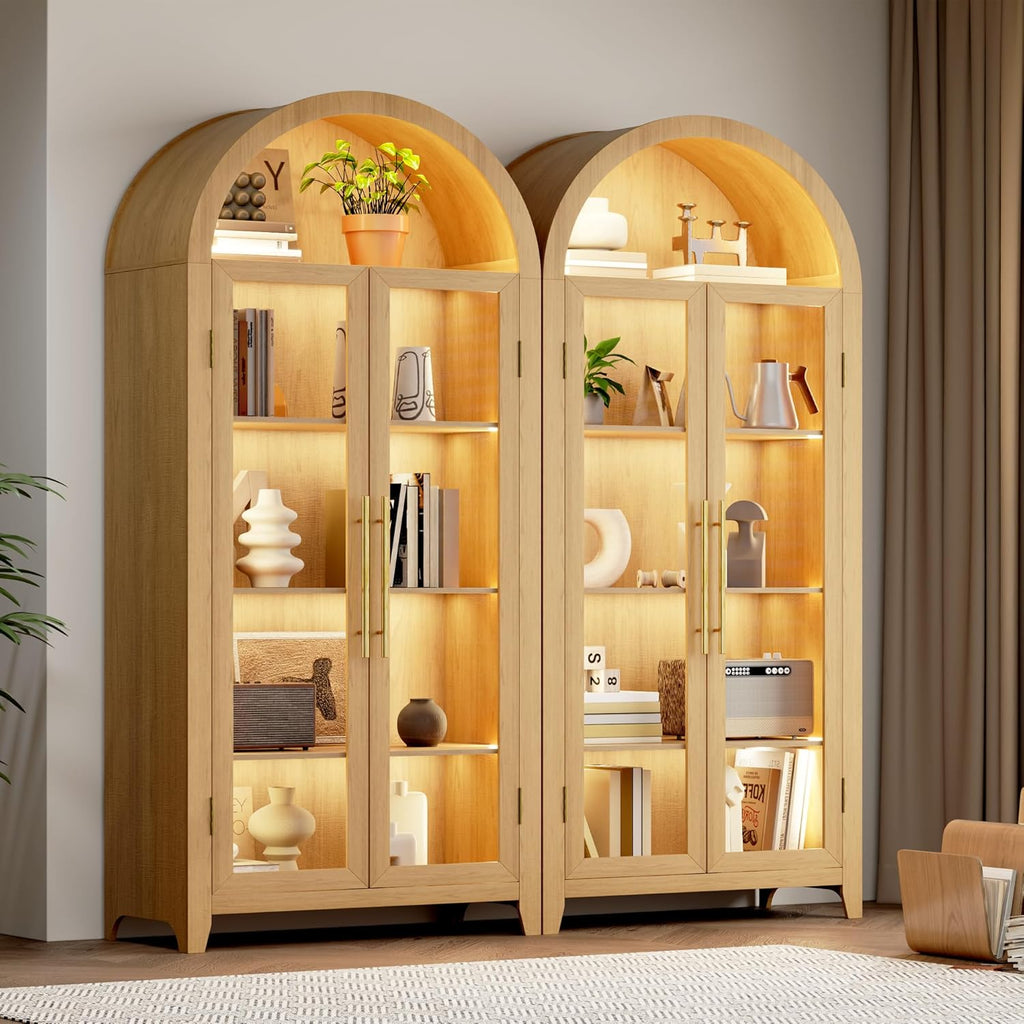 71" Arched Kitchen Pantry Storage Cabinet with Glass Doors, 5-Tier Display Cabinets for Collectibles, Arched Tall Bookcase with LED Light & Human Sensor, Curio Cabinet with Adjustable Shelf