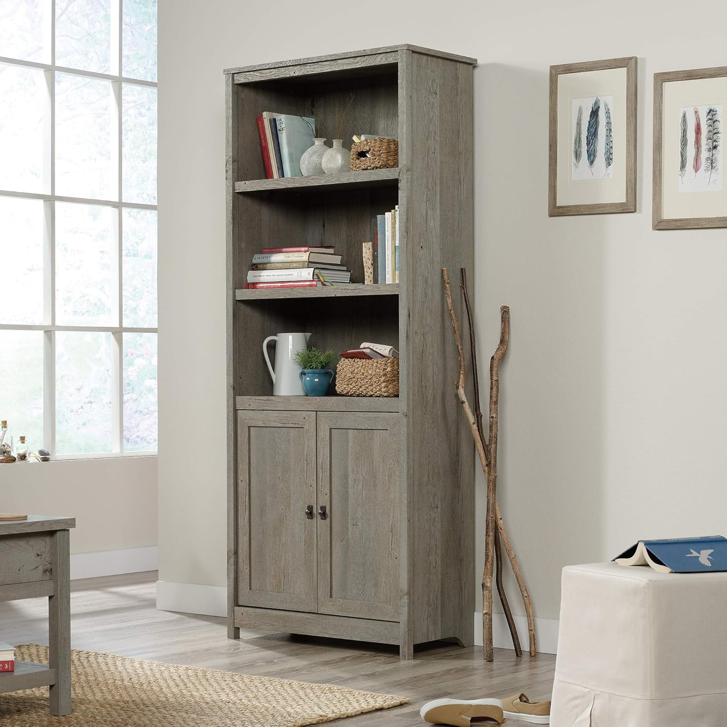 Sauder Cottage Road Book Shelf, Bookshelf with Storage, Library Bookcase with Doors and Adjustable Shelves, in Mystic Oak Finish
