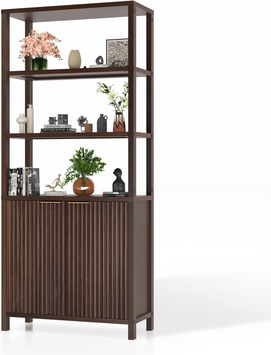VINGLI Bookcase with Fluted Doors, 71" Wood Storage Cabinet with Adjustable Shelves, 6-Tier Display Cabinet Bookshelf for Study, Living Room, Home Office, Kitchen Pantry, Walnut