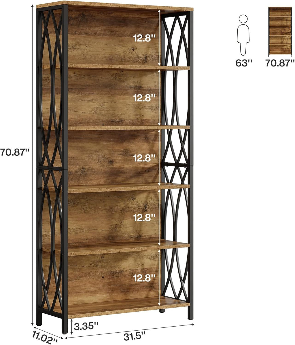 Tribesigns 70.87" Tall Bookshelf, 6-Tier Industrial Bookcase with Geometric Metal Frame & Open Storage Shelves, Rustic Freestanding Display Shelf for Home Office, Living Room, Brown& Black