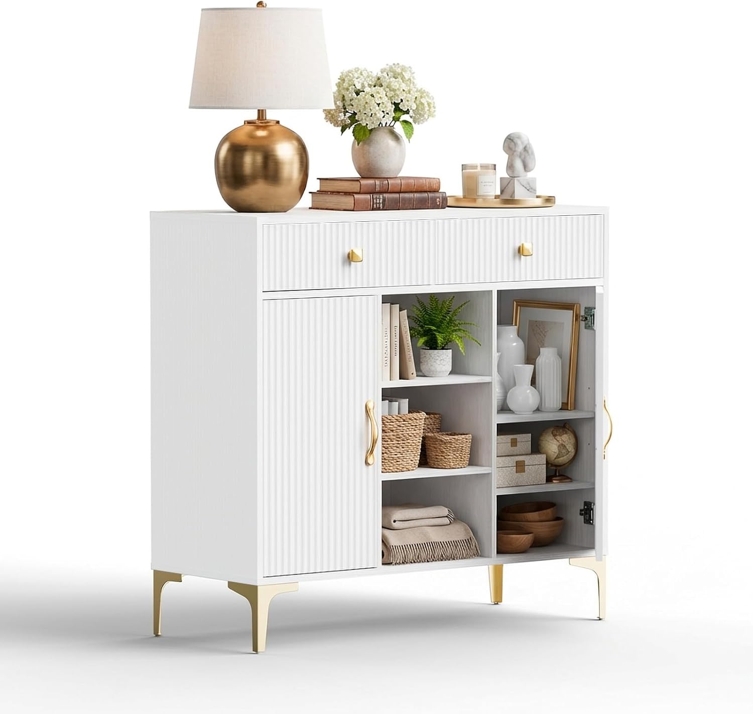 Sideboard Buffet Cabinet with Adjustable Shelves, Modern Storage Cabinet with Drawers and Doors, White Kitchen Buffet for Dining Room, Living Room, Entryway, 39.4 Inch