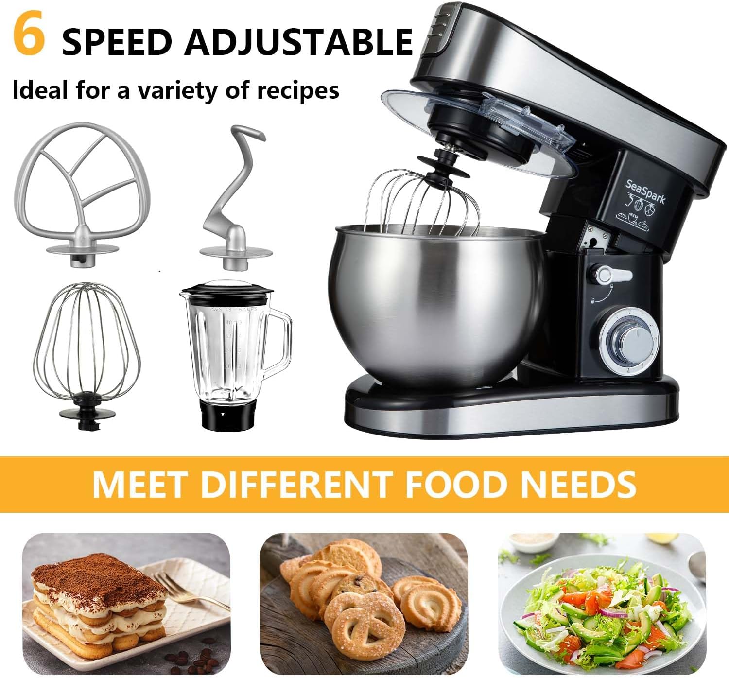 Multifunctional Stand Mixer, 6 in 1 Stand Mixer, 6.3Qt Tilt-head, Standing Mixer with Stainless Steel Bowl, Meat Grinder, Juice Blender, for professional Baking and Most Home Cooks, Black