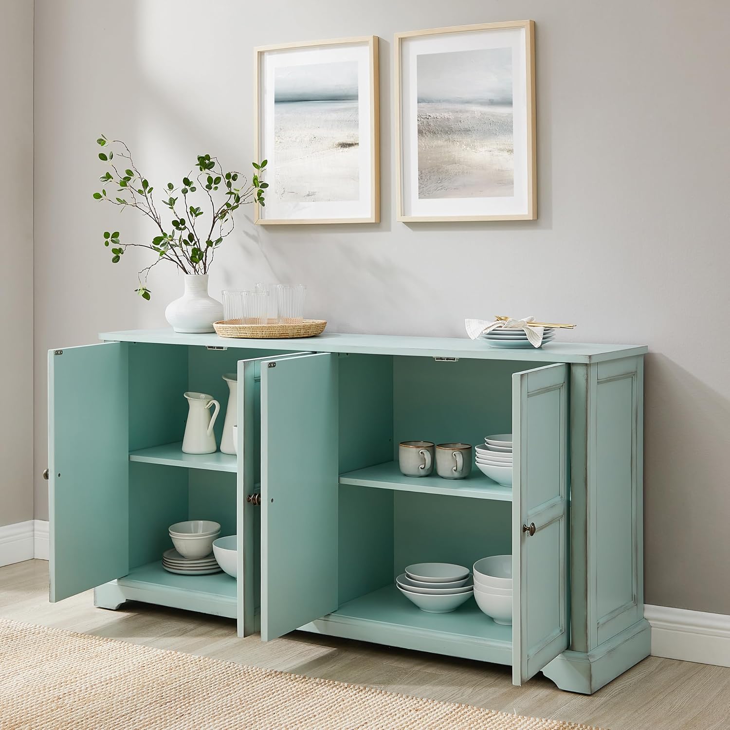 Crosley Furniture Holbrook Traditional Sideboard Buffet Cabinet, Kitchen Storage, Living Room TV Stand, Distressed Seafoam Blue